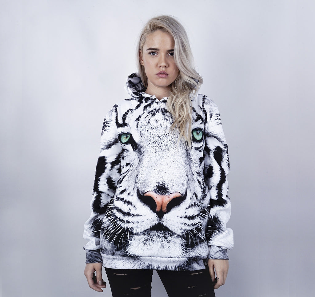 Pullover Hoodie, White Tiger