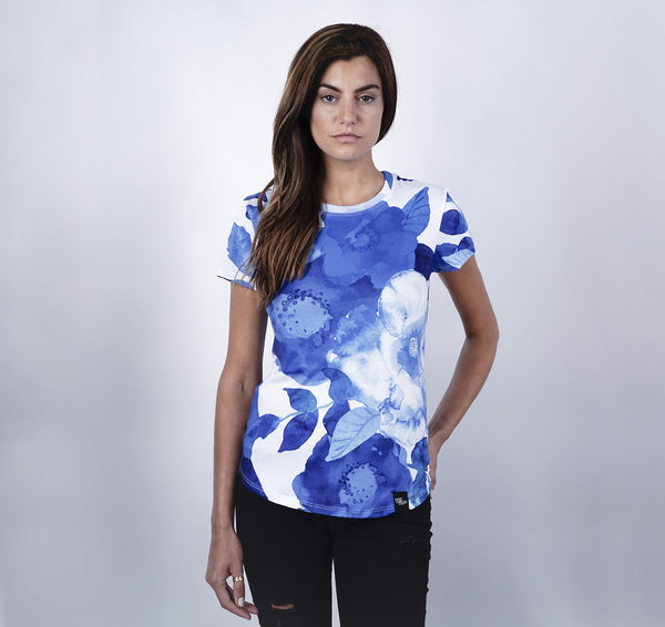 Womens Crew Tee, Blue Floral