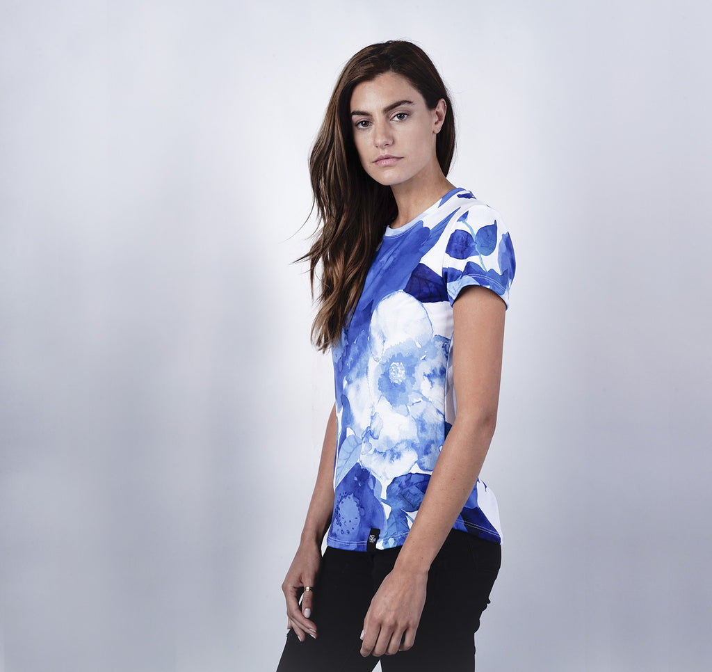 Womens Crew Tee, Blue Floral